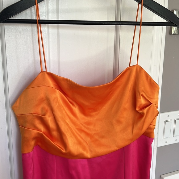 Alice + Olivia Revolve Lilita Satin Maxi Dress High Slit Strappy Neon - Picture 3 of 7